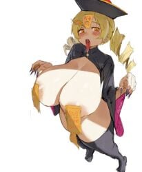 1girls areolae areolae_slip big_breasts blonde_hair blush blush_lines breasts covered_nipples drill_hair huge_breasts jiangshi light-skinned_female mami_tomoe nyztsune open_mouth puella_magi_madoka_magica revealing_clothes sharp_nails solo solo_female talisman thick_thighs thighs tongue tongue_out white_background yellow_eyes