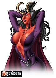 1girls arms_behind_head artist_name belly black_hair breasts cape cleavage covered_breasts crown dc dc_comics demon demon_girl demon_horns devil devil_horns dress female female_only fully_clothed hair_ornament horns jewelry lady_blaze large_breasts long_hair navel necklace patreon red_skin shazam_(series) solo tagme thedarkness watermark web_address