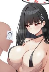 1boy 1girls absurdres alternate_costume bald bare_shoulders big_breasts bikini black_and_red_halo black_bikini black_choker black_hair black_slingshot_bikini black_slingshot_swimsuit black_swimsuit blue_archive blunt_bangs blush blushing_at_another breasts bright_pupils choker closed_mouth collarbone dark-skinned_male dark_skin doodle_sensei_(blue_archive) eyebrows_visible_through_hair faceless faceless_male grabbing grabbing_another's_breast groping groping_breasts hair_ornament hairclip halo highres huge_breasts large_breasts light-skinned_female light_skin long_hair mechanical_halo mijikayo millennium_science_school_logo_(blue_archive) millennium_science_school_student red_eyes rio_(blue_archive) seminar_(blue_archive) seminar_president sensei_(blue_archive) sideboob simple_background slingshot_bikini slingshot_swimsuit solo straight student_council_president swimsuit very_long_hair white_background white_pupils