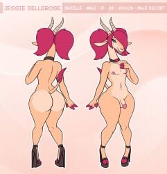 1boy antelope anthro antlers ass bovid choker digitigrade escort femboy footwear furry gazelle genitals hair_over_one_eye high_heels highres hooves jessie_bellerose_(raki_boi) larger_male male male_only mammal model_sheet naked naked_male navel necklace open_toe_heels open_toe_shoes original original_character penis prostitution raki_boi shoes size_difference small_penis solo thick_thighs twintails wide_hips