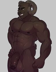 2017 abs anthro balls biceps black_balls black_fur black_penis caprine fur goat hand_on_hip horn knuxlight male male_only mammal muscular muscular_male navel nude pecs penis smile solo teeth