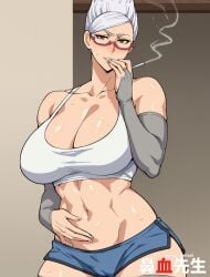 1girls ai_generated ayase_seiko breasts cigarette dandadan female gilf glasses grandmother hanajisensei huge_breasts light-skinned_female light_skin mature mature_female midriff milf shorts smoking stomach tank_top thighhighs white_hair 鼻血先生