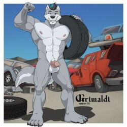 1:1 2023 4_toes 5_fingers abs anthro artist_name balls bedroom_eyes biceps big_chest big_muscles black_claws black_hair black_nose black_pawpads blue_eyes blue_highlights border broad_shoulders calf_muscles canid canine canis car car_wheel cel_shading cheek_tuft claws countershading damaged_vehicle day digital_drawing_(artwork) digital_media_(artwork) erection facial_tuft feet finger_claws fingers fist flexing flexing_bicep fluffy fluffy_tail fur genitals grey_body grey_fur grimsvault hair head_tuft highlights_(coloring) holding_tire humanoid_genitalia humanoid_penis junkyard leon_grundt looking_at_viewer male mammal multicolored_body multicolored_fur muscular muscular_anthro muscular_male narrowed_eyes navel nipples nude outsider pawpads paws pecs penis pink_nipples pink_penis plantigrade pose roman_numeral seductive serratus shaded signature simple_shading sky smile solo standing tail teeth tire toe_claws toes toothy_smile triceps tuft two_tone_body two_tone_fur vehicle vein veiny_penis wheel whisker_spots whiskers white_body white_border white_fur wolf