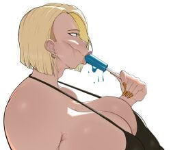 1girls android_18 blonde_hair dragon_ball huge_breasts light-skinned_female popsicle sucking zhero