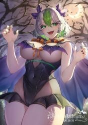 1girls barely_contained_breasts bat_wings breasts cleavage clothed clothed_female clothing green_eyes green_hair horns large_breasts lich light-skinned_female light_skin