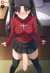 1futa ai_generated balls big_breasts big_penis black_hair blue_eyes blush clothed cock dickgirl erection fate/stay_night fate_(series) foreskin futa_only futanari high-angle_view huge_cock indoors light-skinned_futanari light_skin long_hair looking_at_viewer penis precum roxygtf solo standing tohsaka_rin twintails