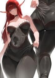 1girls atlus belly_button belly_button_visible_through_clothing big_breasts blue_eyes choker clothed collar dandadan eiselin_hulkenberg elf elf_ears female female_only knife_ears light-skinned_female light_skin medium_breasts metaphor:_refantazio mostly_clothed pointy_ears red_hair revealing_clothes rororo sharp_ears tagme thick thighs tight_clothing tight_fit