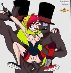 anal anal_sex animal_hood black_hat black_hat_(villainous) breasts demencia_(villainous) double_anal double_penetration female mbhen114 mismatched_footwear red_hair sex smile spellcaster_knight tagme villainous