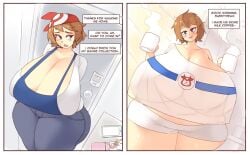 1girls apron bags_under_eyes bandana bandana_accessory blue_eyes brown_hair coffee_mug comic gigantic_breasts huge_ass huge_breasts jeans may_(pokemon) open_mouth rtil solo speech_bubble tired tired_eyes two_panel_image