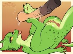 2025 animal_genitalia animal_penis anthro anus ass ass_up big_penis biped blep bodily_fluids digit_ring digital_media_(artwork) duo equine_genitalia equine_penis erection feet female female_anthro flat_chested foot_fetish foot_play footjob genital_fluids genital_piercing genitals green_body hi_res horn jewelry kobold male male/female medial_ring no_sclera penis piercing precum pupils pussy ring scalie sex sharkysocks slit_pupils smile tail tail_anus thick_tail toe_ring toes tongue tongue_out vein veiny_penis vulva vulva_piercing yellow_eyes