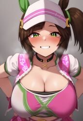 ai_generated animal_ears breasts brown_hair cap cleavage costume female green_eyes horse_girl ines_fujin_(umamusume) looking_at_viewer side_ponytail umamusume umamusume_pretty_derby
