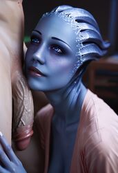 ai_generated alien asari blue_eyes blue_skin flaccid flaccid_penis liara_t'soni mass_effect penis penis_on_face red_lipstick tagme