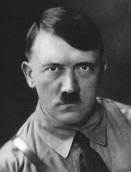 1boy adolf_hitler closed_mouth facial_hair greyscale looking_at_viewer lowres monochrome moustache nazi portrait real_life solo toothbrush_moustache upper_body