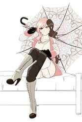 bed boots breasts brown_hair coattails female gloves heel_boots heterochromia high_heel_boots high_heels hips hush_(rwby) jewelry knee_boots looking_at_viewer neo_(rwby) open_jacket parasol pink_hair pussy rwby simple_background sinccubi sitting smile stockings two-tone_hair undressing weapon