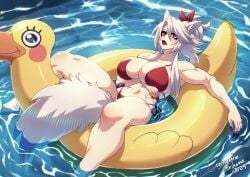 abs bikini crescentia crescentia_fortuna deathblight ferania_(deathblight) kemonomimi large_breasts muscles muscular muscular_female painted_nails pool pool_float red_eyes red_lipstick white_hair wolf_ears wolf_girl wolf_tail