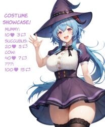 1girls :d ai_generated aimoonshine alternate_costume black_thighhighs blue_hair blush bow breasts brooch cowboy_shot dress english_text female female_only ganyu_(genshin_impact) genshin_impact goat_horns hand_up hat high-waist_skirt horns jewelry large_breasts long_hair looking_at_viewer meme mihoyo open_mouth puffy_short_sleeves puffy_sleeves purple_dress purple_eyes purple_headwear purple_skirt shirt short_sleeves simple_background skirt smile solo strip_game teeth thick_thighs thighhighs thighs twitter_strip_game_(meme) very_long_hair white_background white_shirt witch witch_costume witch_hat zettai_ryouiki