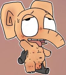 2017 anthro ball_fondling balls blush brown_background chibi disembodied_hand elephant flaccid fondling looking_pleasured looking_up male male_only mammal navel nipples nude penis simple_background small_penis solo standing sweat tongue tongue_out watermelon_(artist) young