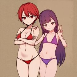 2girls ai_generated angry annoyed astra_ishimari bikini black_eyes crossed_arms dark_purple_hair duo earrings flat_chest hand_on_shoulder kari_ishimari looking_at_viewer medium_breasts navel oc_(osmondai) original original_character osmondai peace_sign petite purple_hair red_bikini red_eyes red_hair simple_background smile stable_diffusion v wide_hips