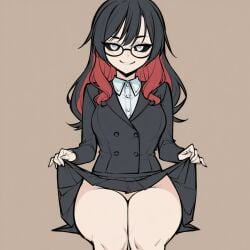 1girls ai_generated black_hair black_sclera black_skirt black_suit breasts colored_inner_hair colored_sclera flat_colors glasses highres legs_together lifted_by_self medium_breasts multicolored_hair no_panties no_panties_under_skirt oc_(osmondai) original original_character pleated_skirt red_hair seductive_look simple_background simple_shading skirt skirt_lift smile solo stable_diffusion suit thighs thighs_together two_tone_hair unusual_eyes white_eyes wide_hips wren_ulysses