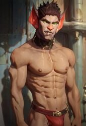 abs ai_generated arcane bat biceps blush gay green_eyes jockstrap jockstrap_only league_of_legends looking_at_viewer male male_only muscular muscular_male scar_(arcane) smile toned_body toned_male twall97