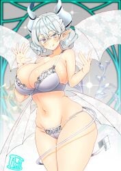 :p absurd_res blush bra demon demon_girl duel_monster earrings female horn konami labrynth_of_the_silver_castle looking_at_viewer lovely_labrynth_of_the_silver_castle navel panties silver_eyes tama_amata thighs twintails underwear white_hair wing yu-gi-oh!