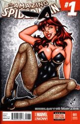 1girls 2014 big_breasts breasts bunny_ears bunny_girl bunnysuit cleavage earrings female garrett_blair green_eyes high_heels human human_only light_skin marvel marvel_comics mary_jane_watson necklace posing red_hair sitting sitting_on_floor solo spider-man_(series)