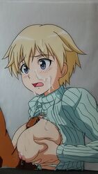 1boy blonde_hair blue_eyes blush brave_witches breasts breasts_out clothing cum cum_on_body cum_on_breasts cum_on_upper_body dark-skinned_male facial female hasamimushi highres large_breasts nikka_edvardine_katajainen nipples open_mouth paizuri penis photo_(medium) scissor_insect simple_background strike_witches sweater tears titfuck torn_clothes white_background world_witches_series