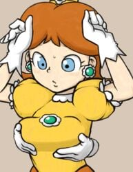 1girls 1other animated arms_up blue_eyes breast_fondling breast_grab breasts brown_hair clothed clothing disembodied_hand dress earrings female female_focus fondle gloves grey_background human idle-animal looking_at_breasts looking_down mario_(series) nintendo princess_daisy simple_background solo_focus white_gloves yamii_(yame83)