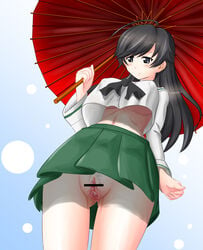 black_hair blush breasts censored female girls_und_panzer grey_eyes isuzu_hana large_breasts nandemo_kanden no_bra no_panties no_underwear parasol pussy school_uniform skirt smile solo underboob upskirt