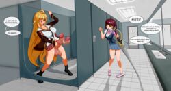 1futa 1girls balls bathroom bathroom_stall breasts clothed clothing dialogue dickgirl duo edit female fully_clothed futanari huge_balls huge_cock human intersex large_breasts large_penis long_hair masturbation mostly_clothed multiple_girls n0nd3scr1pt nipple_bulge open_mouth pale_skin penis shikishima_mirei text tokonome_mamori tongue_out valkyrie_drive valkyrie_drive_-mermaid-