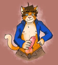 balls big_penis blue_eyes brown_eyes brown_hair erection feline fur hair hand_on_hip hotoshuken humanoid_penis male_only mammal nipples open_jacket orange_fur penis scar standing white_fur