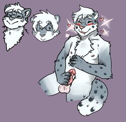 anthro balls blush chest_tuft closed_eyes erection eyewear feline glasses heart hotoshuken leopard male male_only mammal masturbation nipples precum simple_background sitting slightly_chubby snow_leopard solo tuft