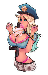 1girls belt between_breasts big_lips bimbo blonde_hair blue_eyes bra bra_cups_sticking_out breasts busty cleavage cop dby donut eyeshadow food_between_breasts hourglass_figure large_breasts lipstick makeup nightstick object_between_breasts peaked_cap police police_cap policewoman sexually_suggestive solo voluptuous whale_tail