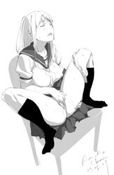 artist_name blush breasts censored chair closed_eyes collarbone dated female greyscale highres kneehighs large_breasts long_hair masturbation monochrome mosaic_censoring neckerchief one_side_up open_mouth original panties panties_around_leg pussy pussy_juice school_uniform serafuku short_sleeves signature sitting solo spread_legs sweat tabata_hisayuki thighs underwear