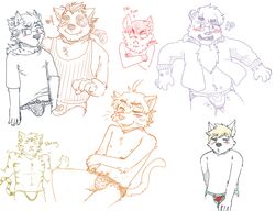 ! ?! angry anthro bear blonde_hair blush bulge canine chest_tuft clothing crossed_arms drooling eyewear feline fur glasses hair heart hotoshuken male male_only mammal panties pubes saliva simple_background standing tiger tuft underwear whiskers white_fur wolf