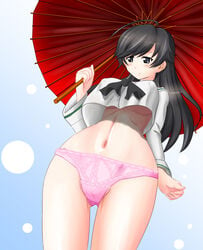 black_hair blush breasts cameltoe female girls_und_panzer grey_eyes isuzu_hana large_breasts nandemo_kanden no_bra panties parasol pink_panties school_uniform smile solo underboob underwear