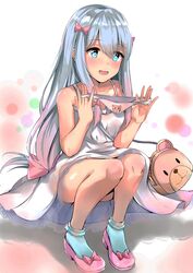 animal_print bear_panties bear_print blue_eyes blue_hair bow convenient_leg eromanga_sensei female hair_ornament hairbow high_resolution izumi_sagiri long_hair low-tied_long_hair open_mouth pantsu pink_bow print_panties silver_hair smile tailam tied_hair underwear