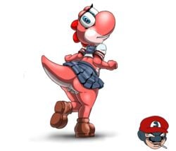 <3_eyes 1boy 1girls anthro anus ass caencel clothing crossover female female_focus full_body heart looking_at_viewer looking_back male mario_(series) nintendo simple_background smile solo_focus spy_(team_fortress_2) standing tail team_fortress_2 valve video_games white_background yoshi