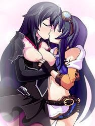 2girls bare_shoulders black_dress black_hair blush breasts closed_eyes criss-cross_halter detached_collar dress goggles goggles_on_head incest kissing long_hair multiple_girls navel neptunia_(series) nipples noire santystuff siblings sisters skirt uni_(neptunia) yuri