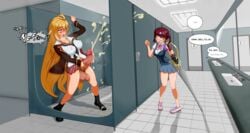 1futa 1girls balls bathroom bathroom_stall breasts clothed clothing cum dialogue dickgirl duo ejaculation female fully_clothed futanari heart-shaped_pupils huge_balls huge_cock human intersex large_breasts large_penis long_hair masturbation mostly_clothed multiple_girls n0nd3scr1pt nipple_bulge open_mouth orgasm pale_skin penis pubic_hair rolling_eyes saliva shikishima_mirei symbol-shaped_pupils text tokonome_mamori tongue_out valkyrie_drive valkyrie_drive_-mermaid-