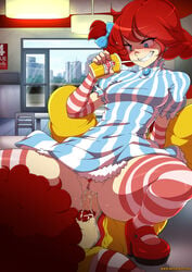 blue_eyes bottomless clitoris clothed_sex cowgirl_position cum cum_in_pussy cum_inside female femdom hizzacked horny male malesub mcdonald's penis pubic_hair pussy rape red_hair ronald_mcdonald straddling straight striped_socks thick_thighs unseen_male_face vagina vaginal_penetration wendy's wendy_thomas