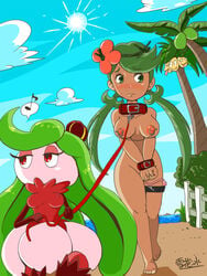 2girls accessory alolan_exeggutor barefoot beach bondage bound breasts collar dark-skinned_female dark_body dark_skin duo exeggutor female female/female female_only femdom femsub fence flower flower_in_hair green_hair hair_accessory hi_res human human_on_humanoid humanoid interspecies latex leash mallow_(pokemon) mammal multicolored_body multiple_girls nintendo nipples nude palm_tree plant pokémon_(species) pokemon pokemon_(species) pokemon_sm regional_form_(pokémon) seaside size_difference slave small_dom_big_sub source_request sun tree trial_captain tsareena video_games white_body xuehuaping yuri