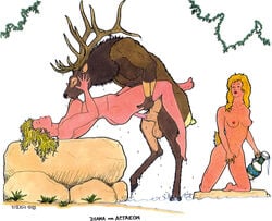 1990s 1995 1boy 20th_century 2girls actaeon anatomically_correct anatomically_correct_genitalia anatomically_correct_penis animal_genitalia animal_penis antlers anvil_position artemis_(greek_mythology) blonde_hair breasts cervine cervine_genitalia cervine_penis deer deity diana_(greek_mythology) female female_on_anthro feral fur genitals greek_mythology hair hooves horn human human_on_anthro interspecies jug kneeling legs_up licking lying male mammal masturbation muscular mythology nipple_lick nipples nude on_back penetration penis rock sex simple_background straight sweat testicles text tim_o'rourke tongue tongue_out vaginal_masturbation vaginal_penetration water wet white_background year