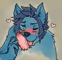 anthro blue_eyes blue_fur blue_hair blush canine erection foreskin fur furry heart hotoshuken humanoid_penis male mammal penis tongue tongue_out uncut yaoi