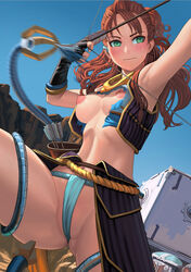 1girls aloy alternate_costume areolae arrow asymmetrical_hair blue_sky blush bow bow_(weapon) bracer breasts brown_hair cleavage cornrows elbow_gloves female female_only fingerless_gloves fundoshi gloves green_eyes holding_weapon horizon_zero_dawn jacket lasterk leg_lift long_hair mechanical_tentacles midriff navel necklace nipples panties ponytail quiver red_hair sex_machine skirt sky small_breasts solo sweatdrop torn_clothes underwear vest wafuku weapon