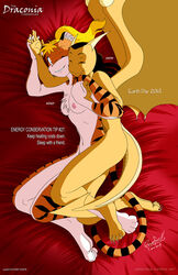 bed black_hair blonde_hair cuddling dragon feline kenzi mammal razorfox saph scale sleeping tiger