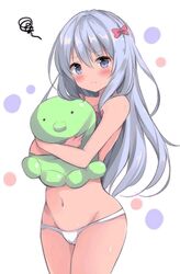 bangs bare_arms bare_shoulders blue_eyes bow cameltoe clavicle closed_mouth cowboy_shot embarrassed eromanga_sensei eyebrows_visible_through_hair female hair_between_eyes hair_ornament hairbow high_resolution holding hyurasan izumi_sagiri light_frown long_hair looking_at_viewer navel pink_bow silver_hair simple_background solo squiggle stomach stuffed_animal stuffed_octopus stuffed_toy tareme thighs underwear underwear_only very_long_hair white_background