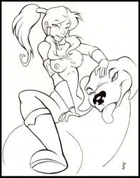 1girls alex_spastic avatar_legends bareback_riding boots bracelet breasts dog female korra lineart long_hair medium_breasts monochrome naga_(avatar) nipples nude polar_bear_dog ponytail riding sidelocks smile smooth_skin the_avatar the_legend_of_korra water_tribe