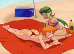 2girls ass bare_back bare_shoulders barefoot beach bikini bra_removed breasts bubble_butt canime chocolate_and_vanilla dark-skinned_female dark_skin feet female_only flower green_hair gym_leader hair hairband half-closed_eyes huge_ass human human_only kasumi_(pokemon) long_hair lotion lying mallow_(pokemon) massage nintendo oil on_stomach orange_hair outdoors pokemon pokemon_sm ponytail public_topless sand sideboob smile text thong thong_panties topless trial_captain twintails yuri