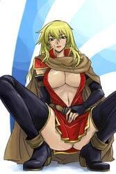 ass bad_censor belt blonde_hair boots breasts cape covering crouching dress elbow_gloves erect_nipples_under_clothes female female_only fingerless_gloves fire_emblem fire_emblem:_the_binding_blade gloves green_eyes hand_on_belt igrene_(fire_emblem) lipstick michael_f91 navel no_bra no_panties open_clothes open_dress parted_lips spread_legs thigh_boots